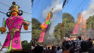 बिजली के तारों में उलझ कर एक दिन पहले ही जल गया रावण। फोटो: स्नेहा एवं वीडियो ग्रैब