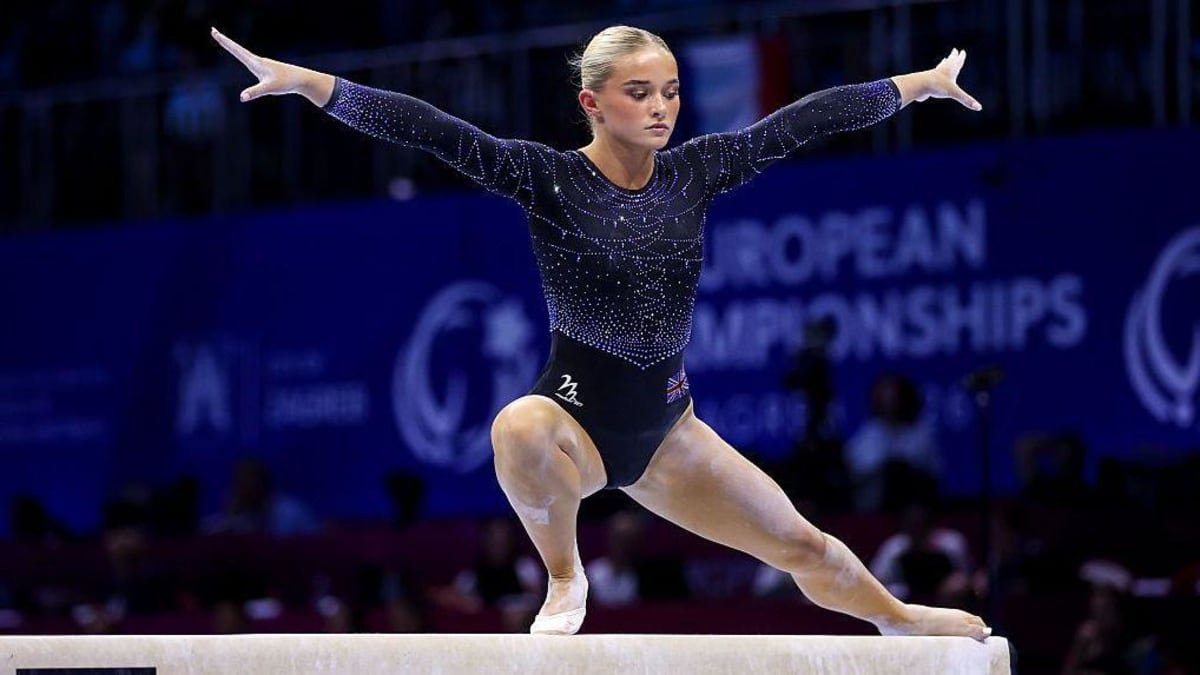 Ruby Evans competing on the balance beam in the 2026 European Championships
