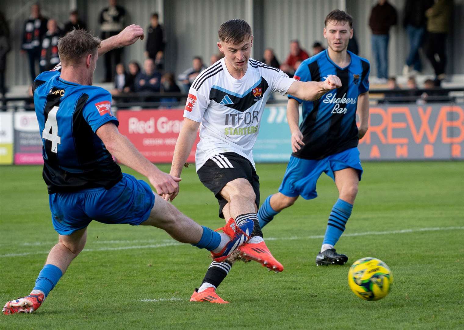 Freddie Hockey fires in one of his three goals for Cambridge City against Little Oakley. Picture: Iain Walker