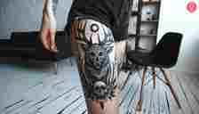 A wendigo skull tattoo on the thigh