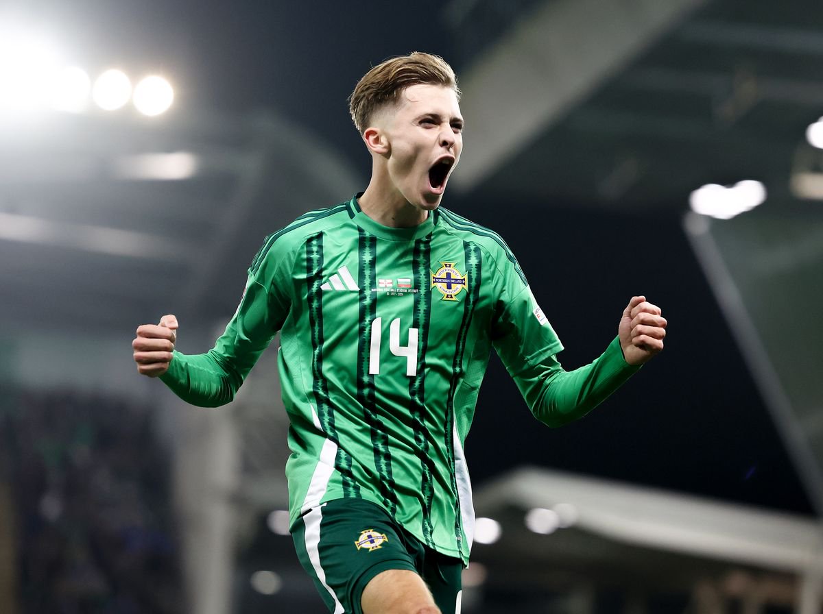 A picture of Isaac Price celebrating his hat-trick goal against Bulgaria