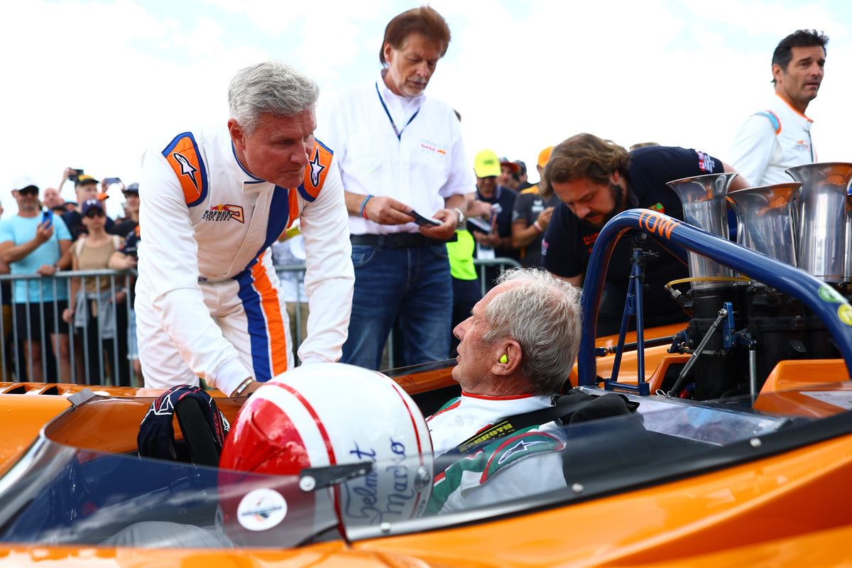 David Coulthard and Red Bull Racing Team Consultant Dr Helmut Marko talk ahead of the Red Bull Legends Parade prior to the F1 Grand Prix of Austria