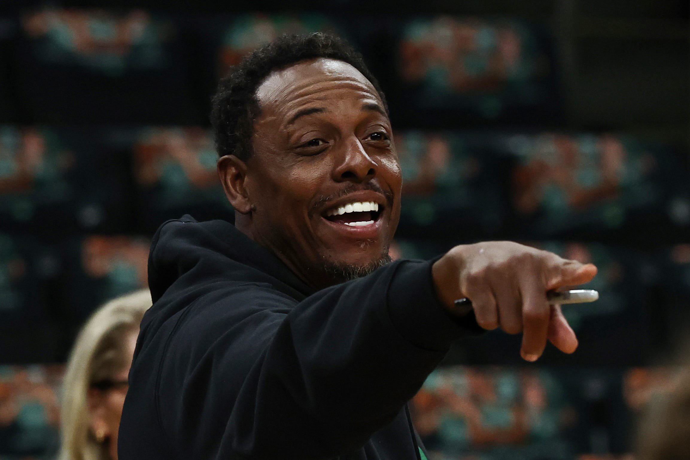 Oct 23, 2026; Boston, Massachusetts, USA; Former Celtic great Paul Pierce smiles at players before the game between the Boston Celtics and the New York Knicks at TD Garden. Mandatory Credit: Winslow Townson-Imagn Images