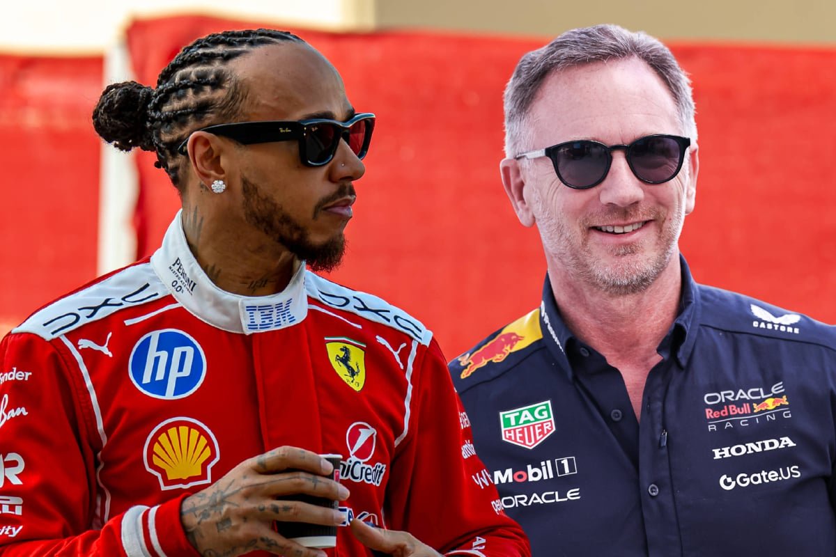 Lewis Hamilton looks across at a smiling Christian Horner — Photo: © IMAGO