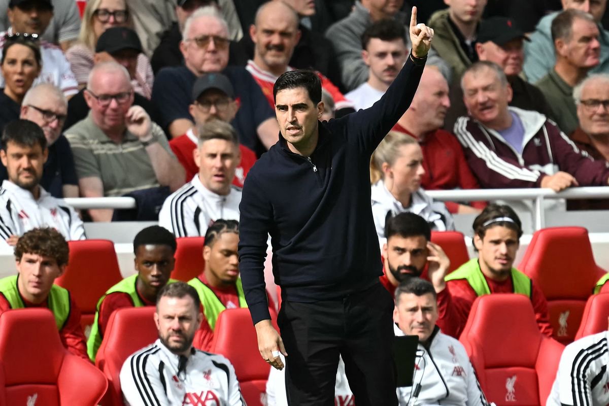 Liverpool's Spanish head coach Andoni Iraola reacts during the English Premier League football match between Liverpool and Fulham at Anfield 
