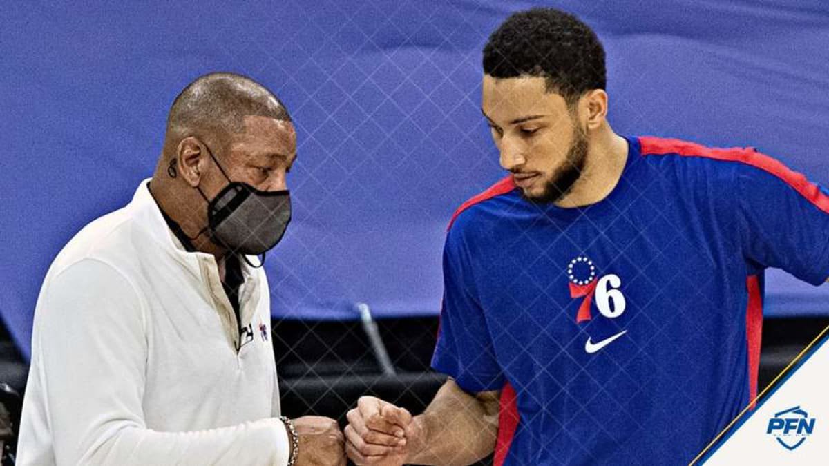 Jan 27, 2021; Philadelphia, Pennsylvania, USA; Philadelphia 76ers guard Ben Simmons (R) fist bumps head coach Doc Rivers (L) before a game against the Los Angeles Lakers at Wells Fargo Center. © Bill Streicher-USA TODAY Sports