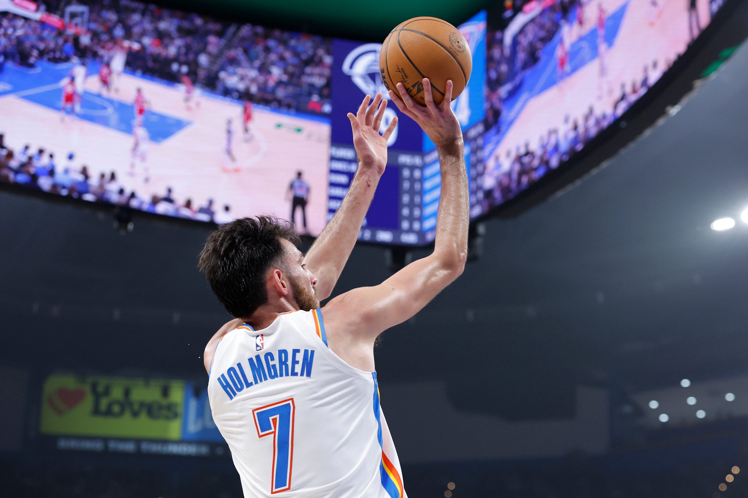 Oct 25, 2026; Oklahoma City, Oklahoma, USA; Oklahoma City Thunder center Chet Holmgren (7) shoots against the Los Angeles Clippers during the first half at Paycom Center. Mandatory Credit: Alonzo Adams-Imagn Images