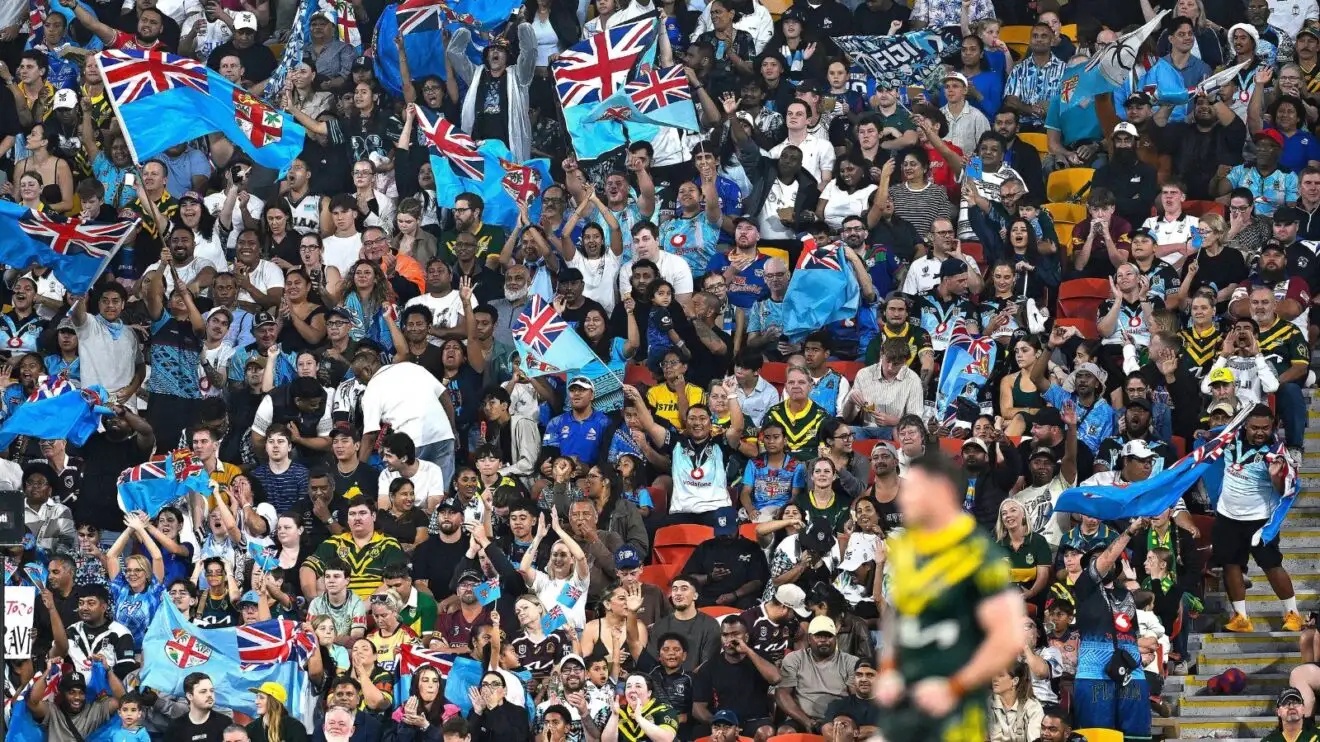 Fiji and Australia supporters pictured at Suncorp Stadium during their group stage clash at the 2026 Rugby League World Cup