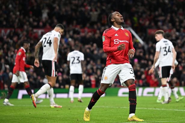Manchester United's Swedish striker Anthony Elanga (C) reacts after his goal is disallowed during the English League Cup quarter final football match between Manchester United and Charlton Athletic