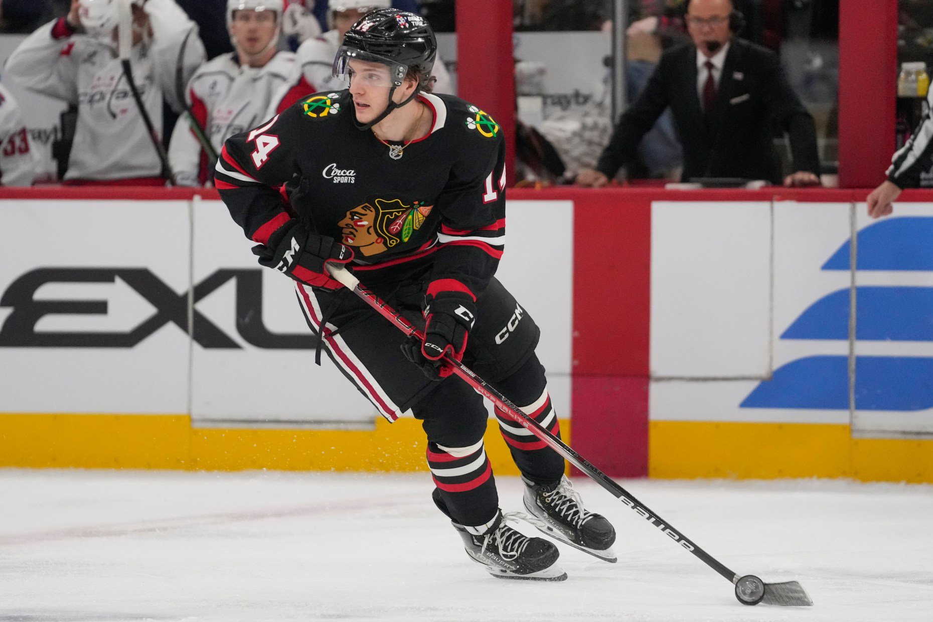 Blackhawks defenseman Kevin Korchinski handles the puck during the first period against the Capitals on Jan. 9, 2026, at the United Center. (AP Photo/Erin Hooley)