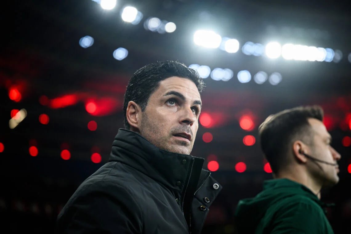 Head coach Mikel Arteta looks on prior to the UEFA Champions League 2025/26 Round of 16 First Leg match between Bayer 04 Leverkusen and Arsenal FC at BayArena