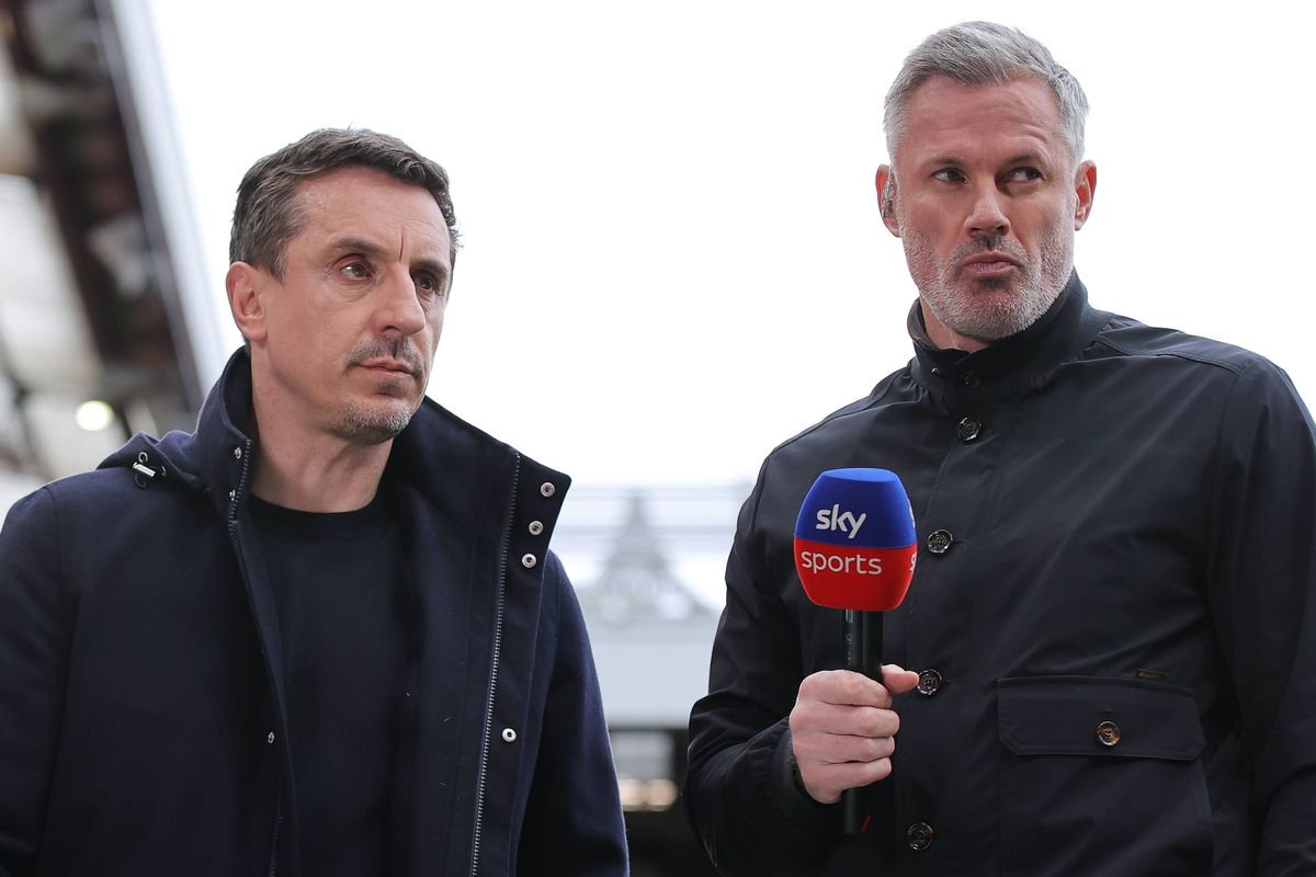 MANCHESTER, ENGLAND - MAY 03: Sky Sports pundits Jamie Carragher and Gary Neville during the Premier League match between Manchester United and Liverpool at Old Trafford on May 03, 2026 in Manchester, England. (Photo by James Gill - Danehouse/Getty Images)