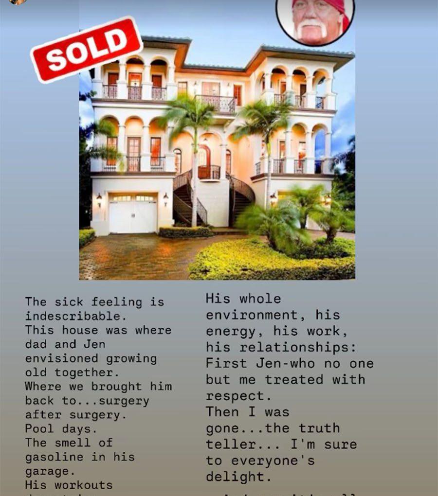 Hulk Hogan's daughter, Brooke Hogan, shared a scathing message after the alleged sale of his Florida home on her Instagram Story. 