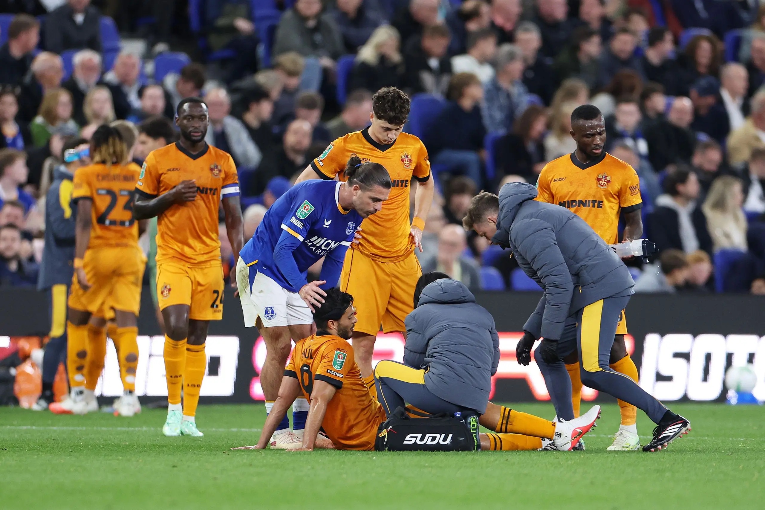 Raúl Jiménez on the ground after suffering a knee injury against Everton.   
