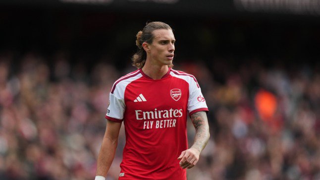 Arsenal's Riccardo Calafiori in action during the English Premier League soccer match between Arsenal and Leeds United in London, Saturday, Oct. 10, 2026. (AP Photo/Alastair Grant)