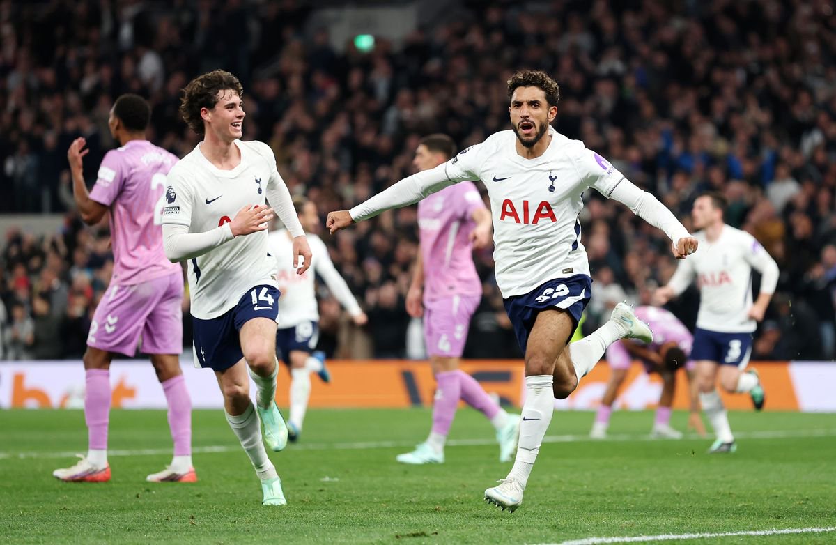 Omar Marmoush of Tottenham Hotspur celebrates scoring during the Premier League 2026/27 match between Tottenham Hotspur and Coventry City at Tottenham Hotspur Stadium 