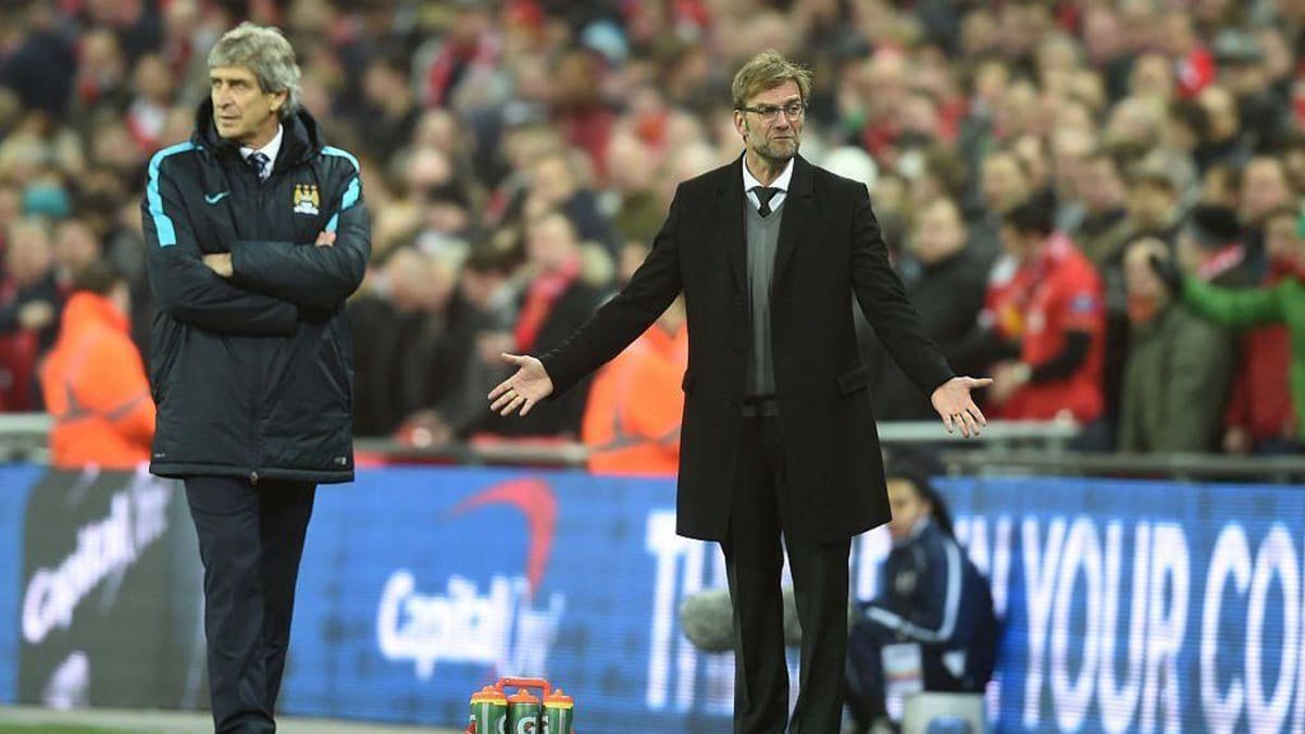 Jurgen Klopp and Manuel Pellegrini on the touchline during the 2016 EFL Cup final