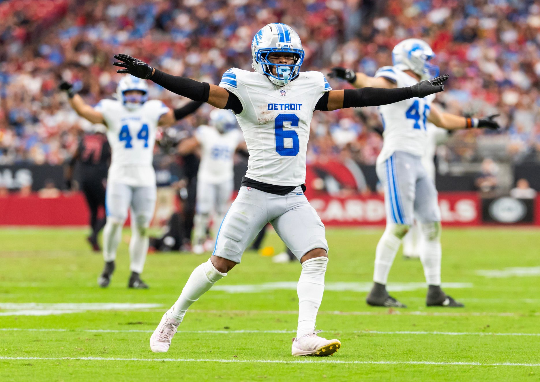 Oct 11, 2026; Glendale, Arizona, USA;  Detroit Lions cornerback Keith Abney II (6) celebrates against the Arizona Cardinals at State Farm Stadium.  Mandatory Credit: Mark J. Rebilas-Imagn Images