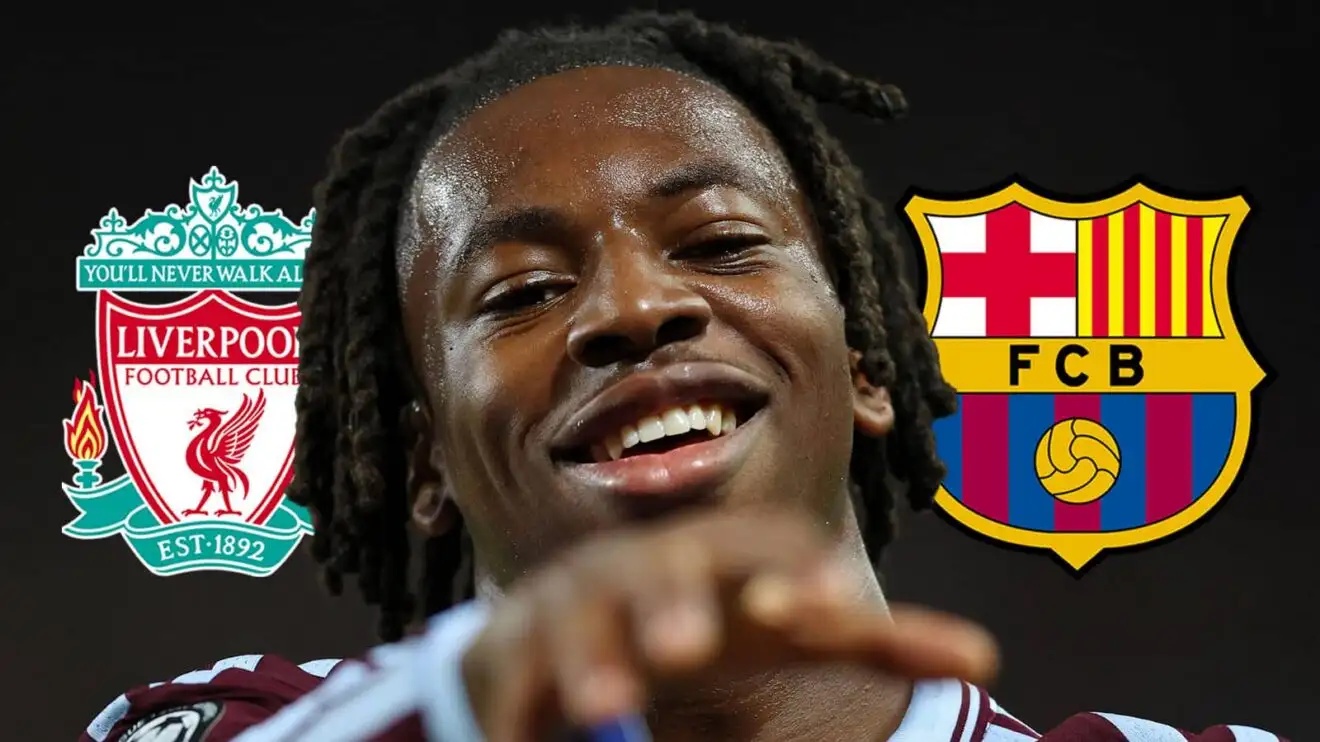 Liverpool badge, Aston Villa midfielder Johan Manzambi and Barcelona badge - copyright TEAMtalk