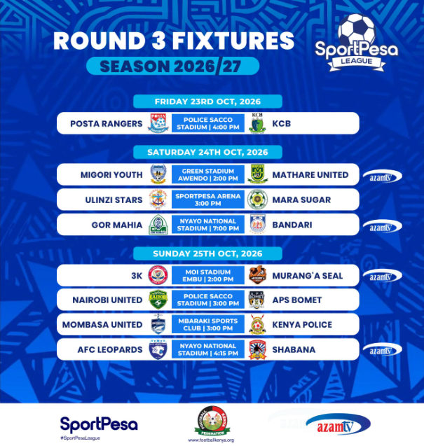 Round 3 fixtures of the 2026/27 FKF Premier League. PHOTO/https://www.facebook.com/SportPesaLeague/photos