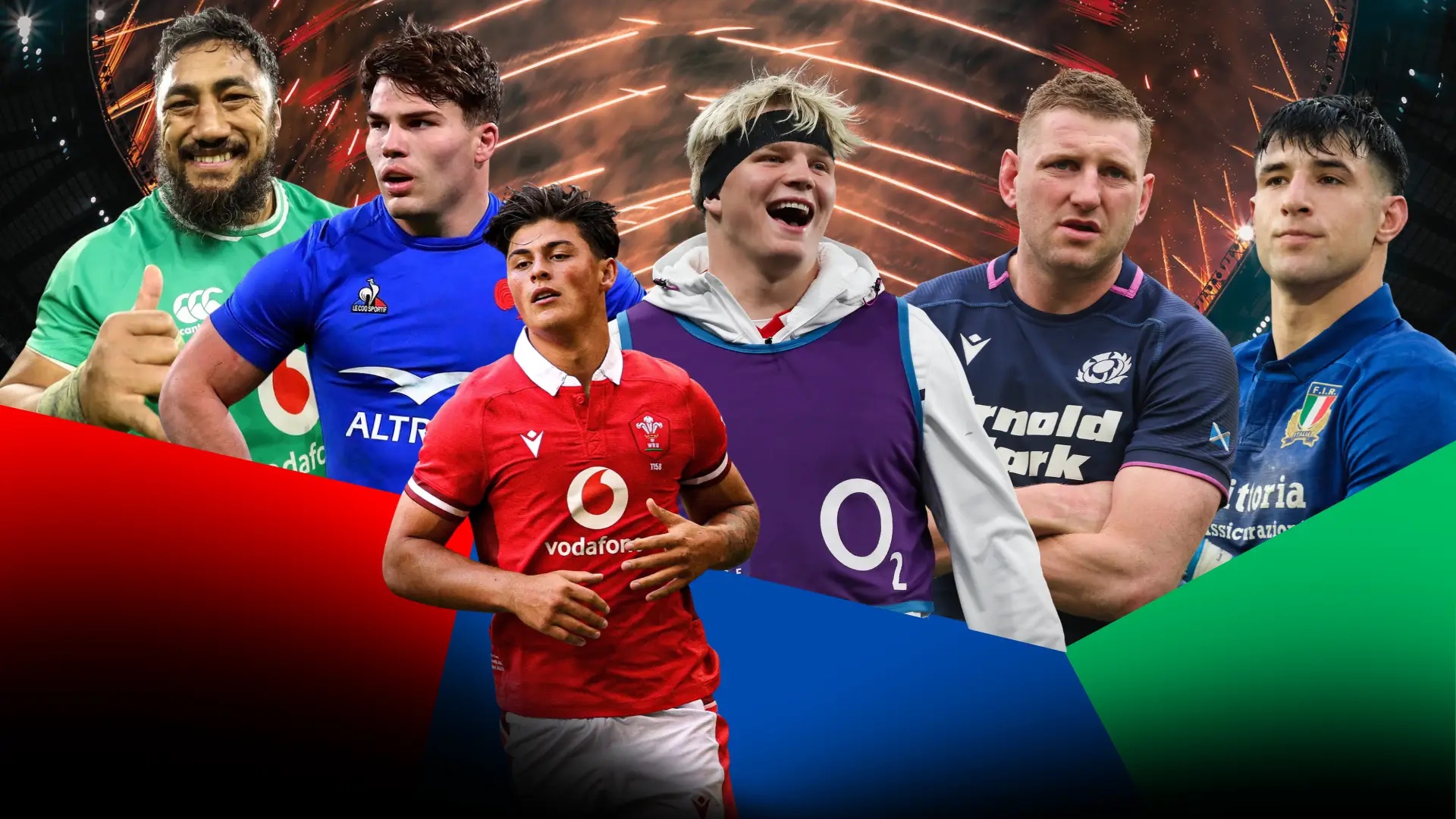 Six rugby players representing England, Ireland, France, Scotland, Wales and Italy in a 2027 Six Nations promotional montage.