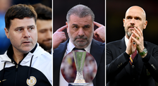 A composition of images including Chelsea manager Mauricio Pochettino, Tottenham boss Ange Postecoglou and Manchester United head coach Erik ten Ha...