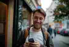 man smiling while using an old-school early 2000s style cell phone