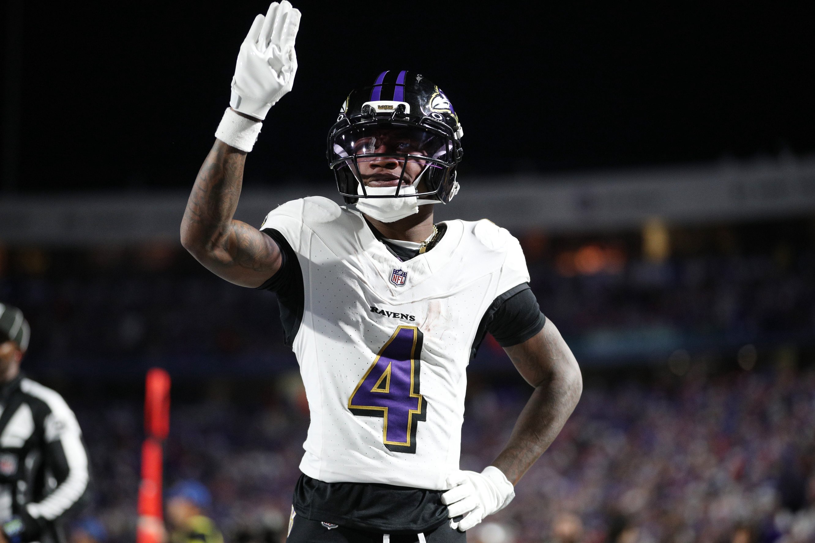 Zay Flowers #4 of the Baltimore Ravens reacts after scoring a touchdown against the Buffalo Bills during the third quarter at Highmark Stadium on September 07, 2025 in Orchard Park, New York.