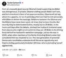 Carlson said that behind closed doors 'Obama is telling people Biden can't win, and he is therefore in favor of an open convention.' The former Fox News host also blames first lady Jill Biden for keeping her husband away from people who'd tell him to drop out
