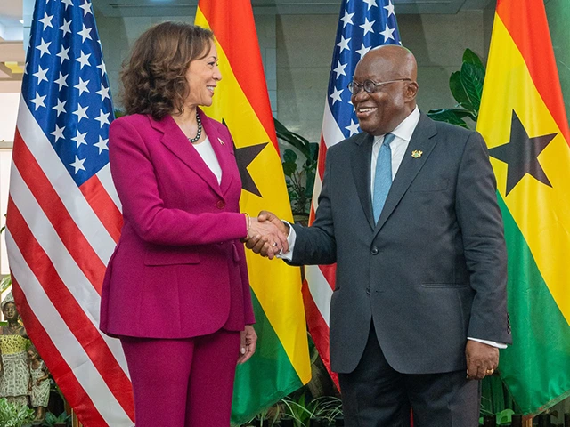 Vice President Kamala Harris with President Nana Akufo-Addo of Ghana on Monday. She pledged $139 million in assistance for the coming fiscal year. (The Presidency-Republic of Ghana)