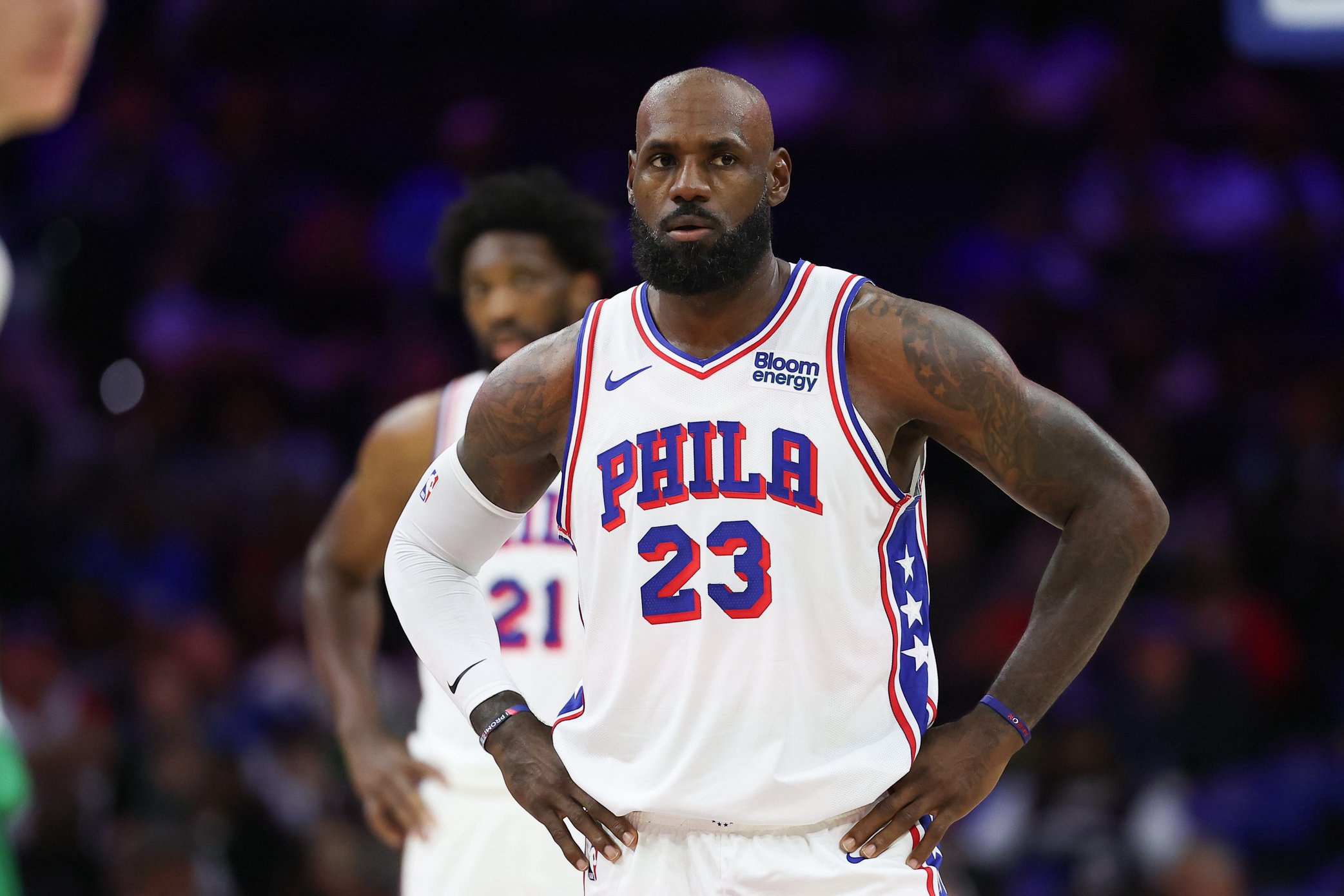 Oct 16, 2026; Philadelphia, Pennsylvania, USA; Philadelphia 76ers forward LeBron James (23) looks on in a game against the Boston Celtics at Xfinity Mobile Arena. Mandatory Credit: Bill Streicher-Imagn Images