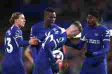 Cole Palmer, Noni Madueke and Nicolas Jackson of Chelsea clash ahead of the penalty vs Everton