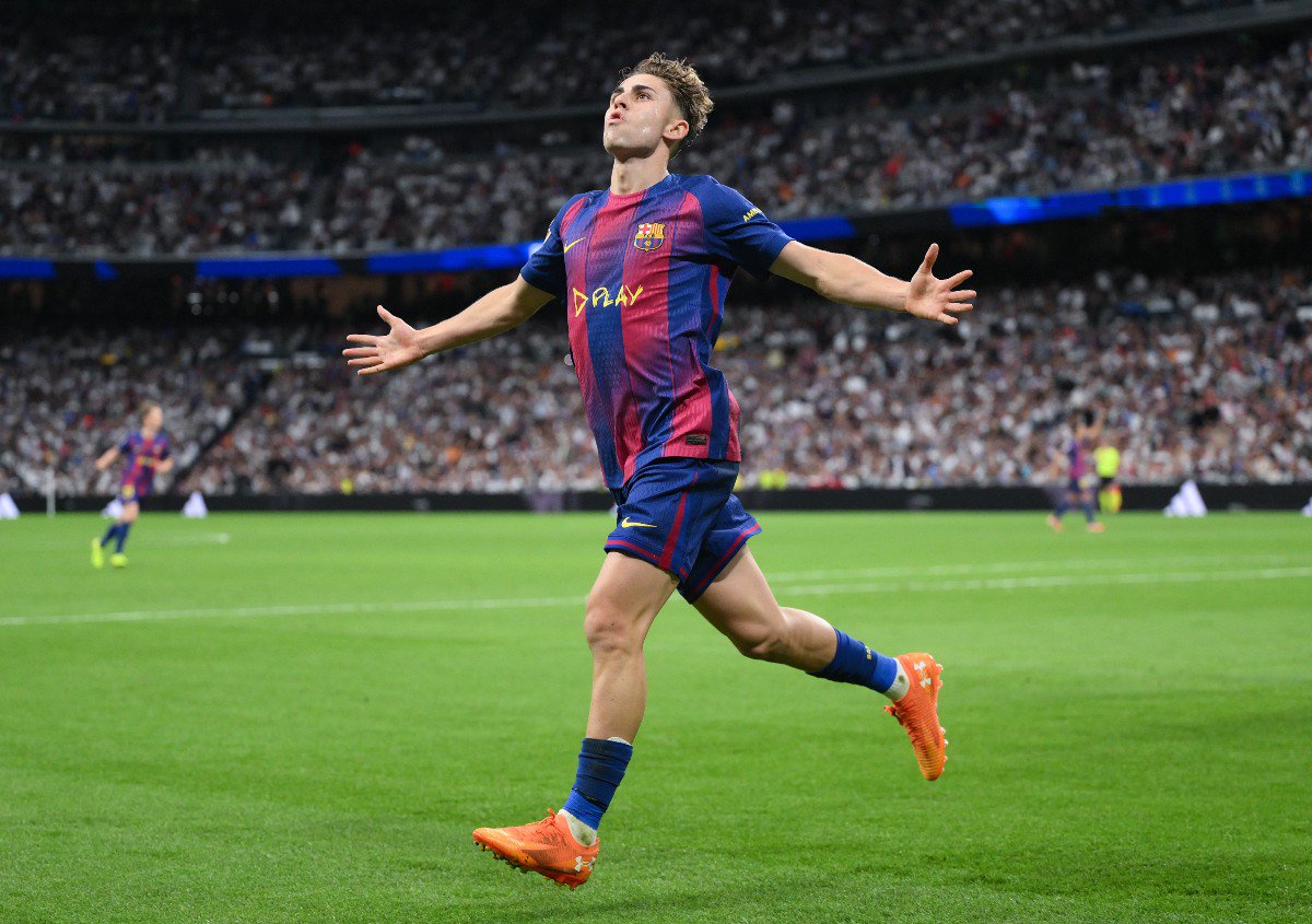 Fermin Lopez celebrates scoring for Barcelona against Real Madrid