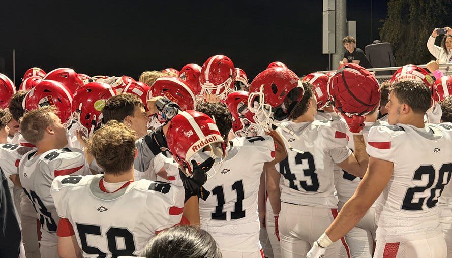 The Brophy Broncos celebrate after their 46-30 road win over the Williams Field Black Hawks in Gilbert, Arizona, on Oct. 16, 2026.