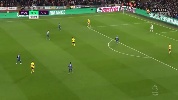 Max Kilman is in possession, Alexandre Lacazette has cut off the passing lane to both Conor Coady and Jose Sa, while Granit Xhaka is high enough up the pitch to restrict Ruben Neves (centre) as a passing option (image from Wyscout)