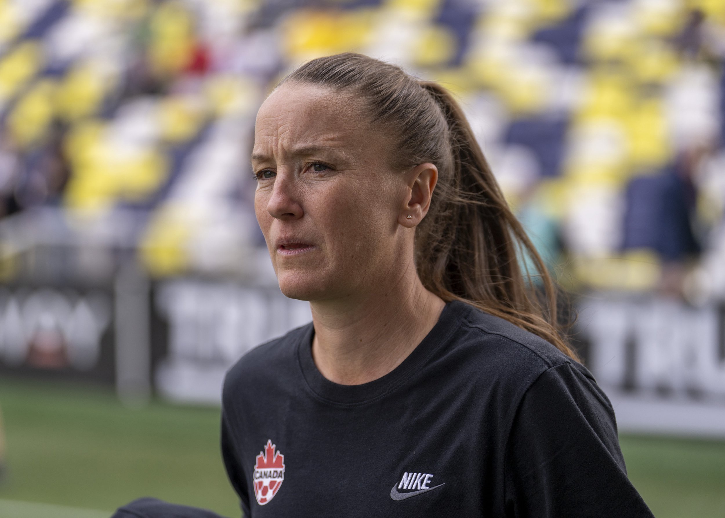 NASHVILLE, TN - MARCH 1: Casey Stoney of Canada walks to the bench before a game between Colombia and Canada at GEODIS Park on March 1, 2026 in Nashville, Tennessee. (Photo by Brad Smith/ISI Photos/USSF/Getty Images)