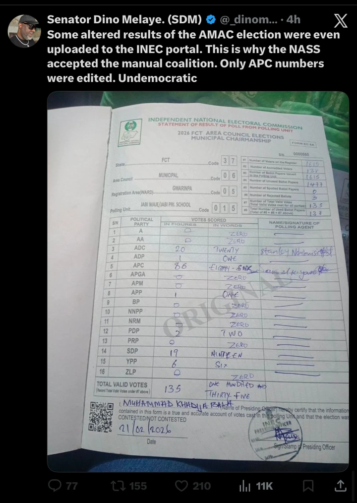 A scanned document showing the result of an election from the Independent National Electoral Commission (INEC) in Nigeria, detailing the votes received by various political parties in the 2026 FCT Area Council elections.