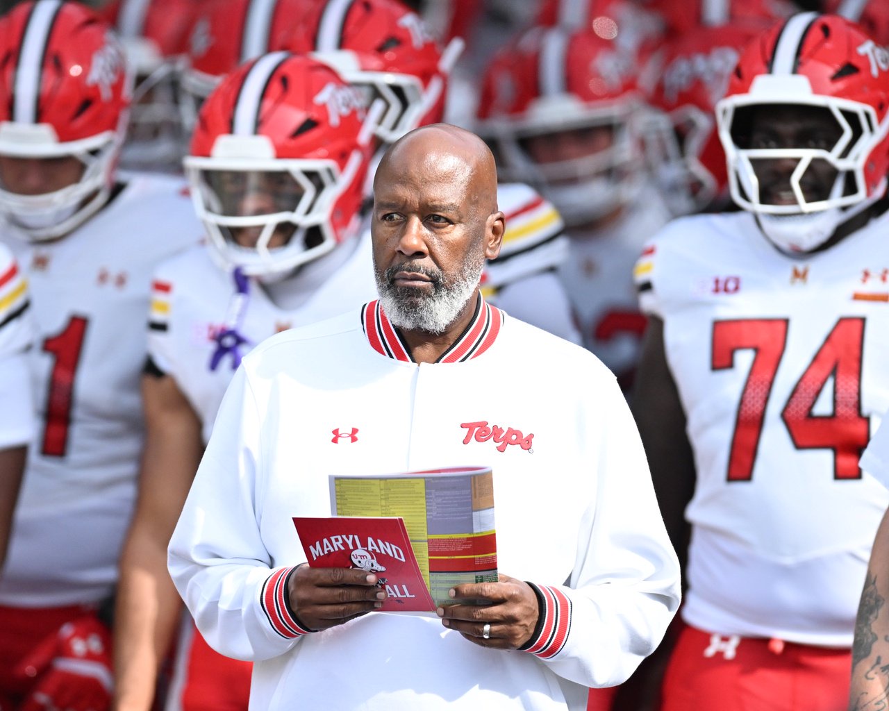 EAST HARTFORD, CT - SEPTEMBER 12: Maryland Terrapins head coach Mike Locksley leads the team out onto the field during the game as the Maryland Terrapins take on the UConn Huskies on September 12, 2026 at Pratt & Whitney Stadium in East Hartford, CT.  (Photo by Williams Paul/Icon Sportswire via Getty Images)