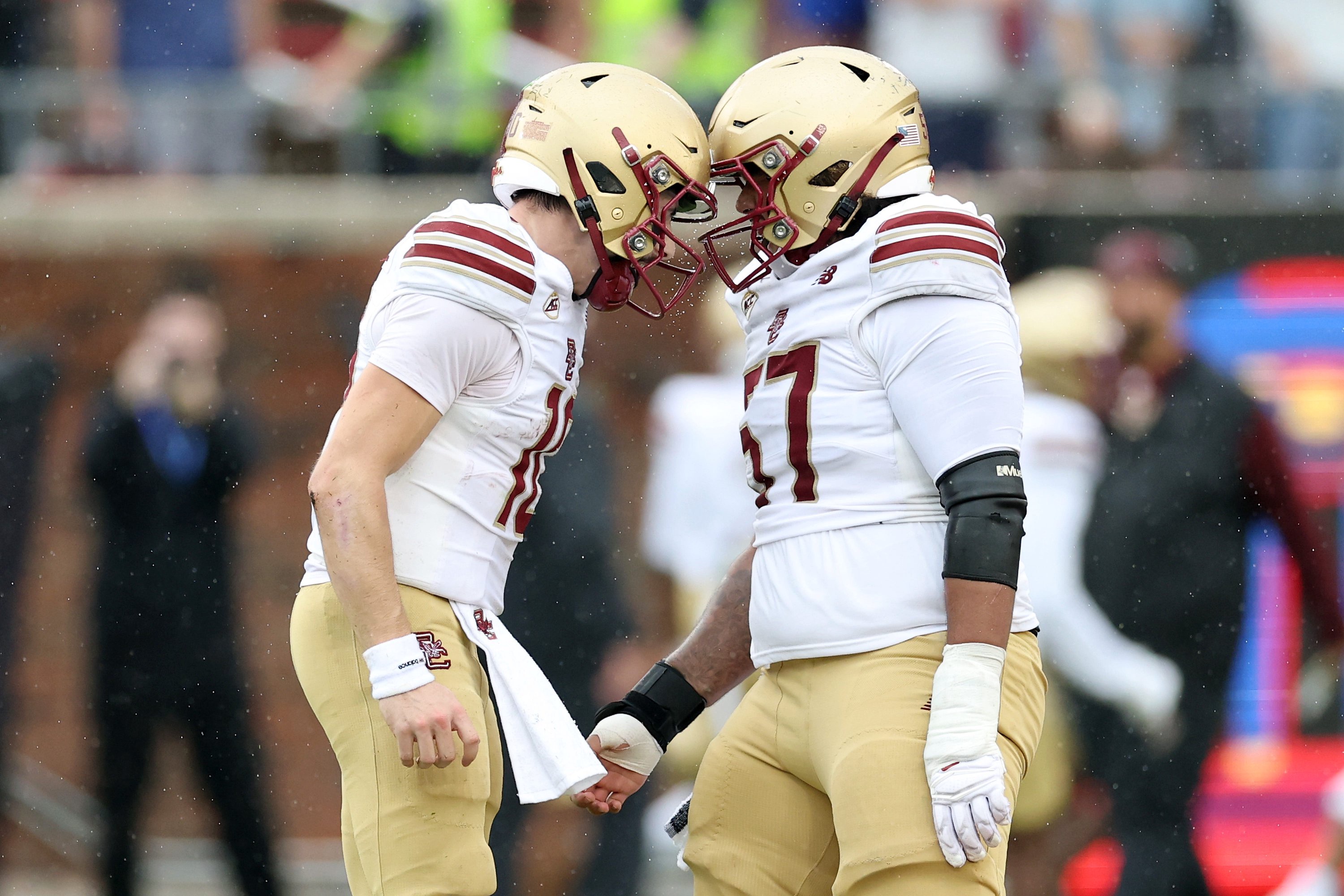 Mason McKenzie #10 of the Boston College Eagles celebrates a touchdown with DJ Williams Jr. #57 during the first half against the SMU Mustangs at Gerald J. Ford Stadium on October 03, 2026 in Dallas, Texas.