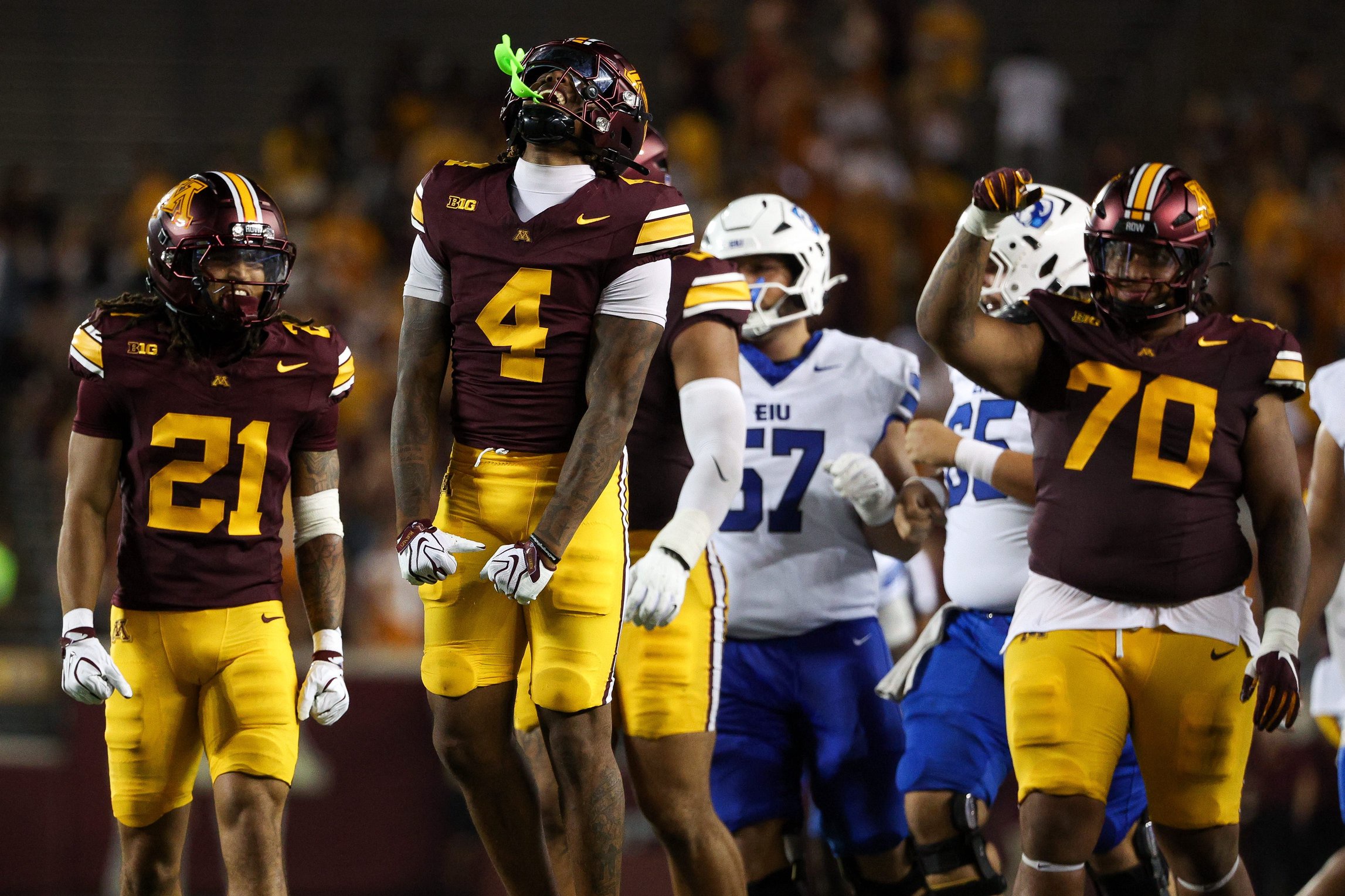 Sep 3, 2026; Minneapolis, Minnesota, USA; Minnesota Golden Gophers defensive back Zack Harden (4) celebrates during the second half against the Eastern Illinois Panthers at Huntington Bank Stadium. Mandatory Credit: Matt Krohn-Imagn Images