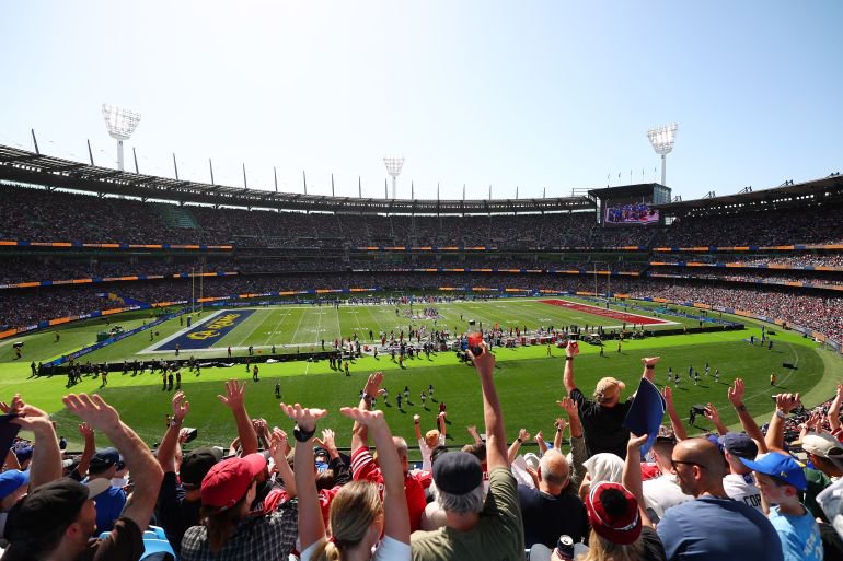 MELBOURNE, AUSTRALIA - SEPTEMBER 11: General view of play during the NFL football game between the San Francisco 49ers and Los Angeles Rams at the Melbourne Cricket Ground on September 11, 2026 in Melbourne, Australia. (Photo by Morgan Hancock/Getty Images)