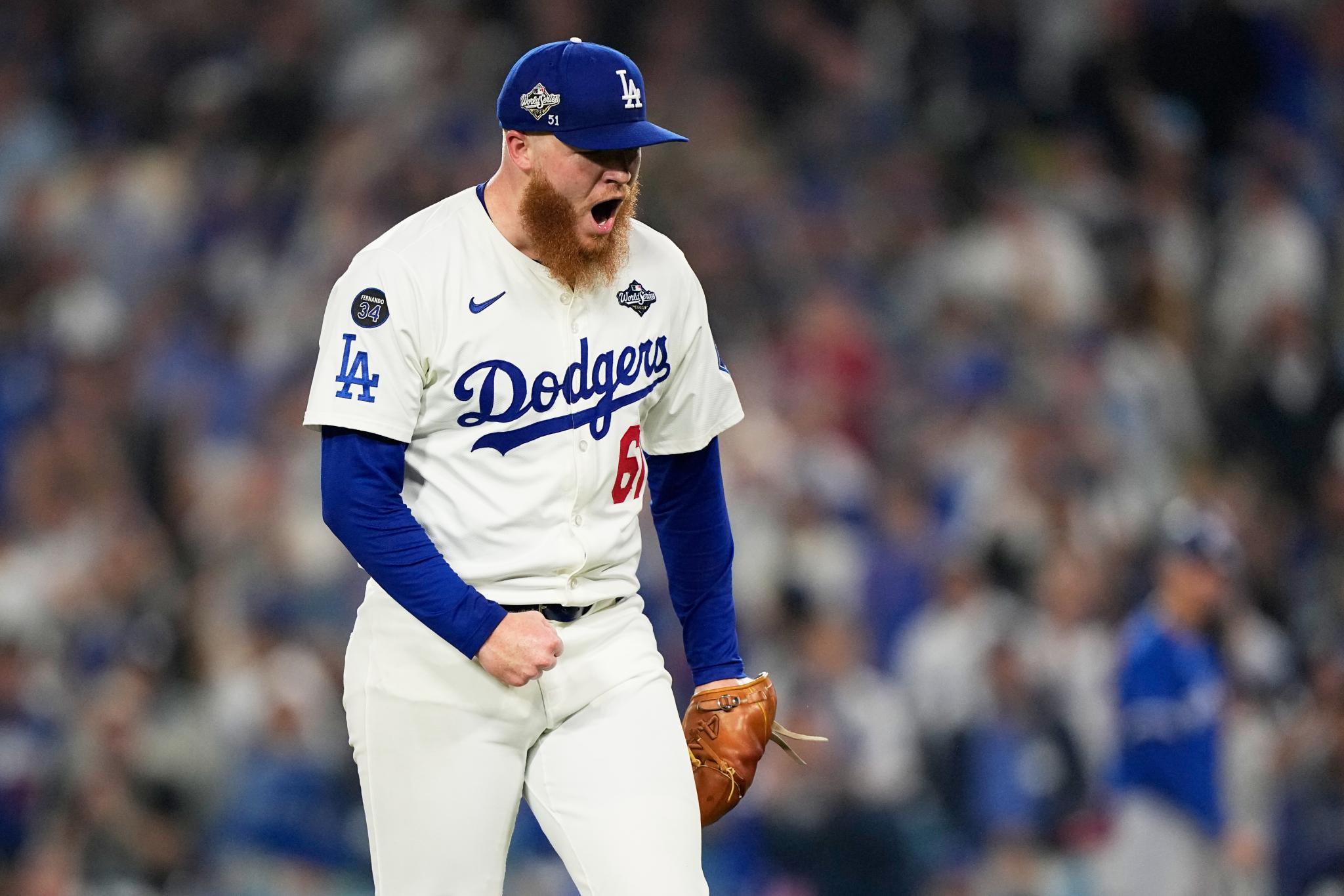 Los Angeles Dodgers pitcher Will Klein celebrating during Game 3 of the World Series.
