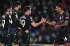Julian Alvarez of Manchester City celebrate with Rodri after scoring a goal during the Premier League match between Brighton & Hove Albion and ...