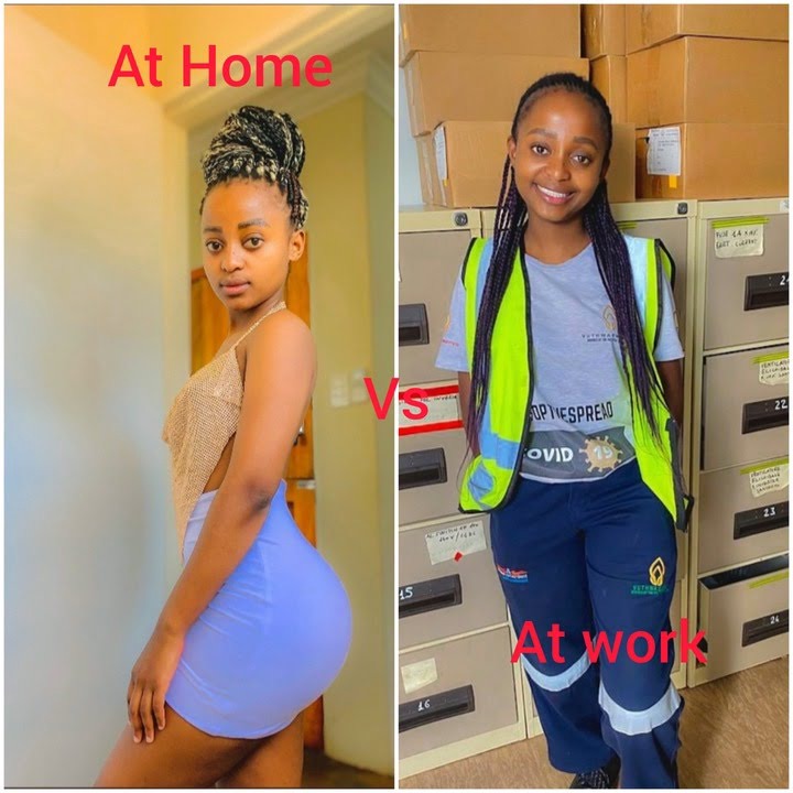 “At Work Vs At Home” - 23-Years-Old lady Stirs Online With Her Photos