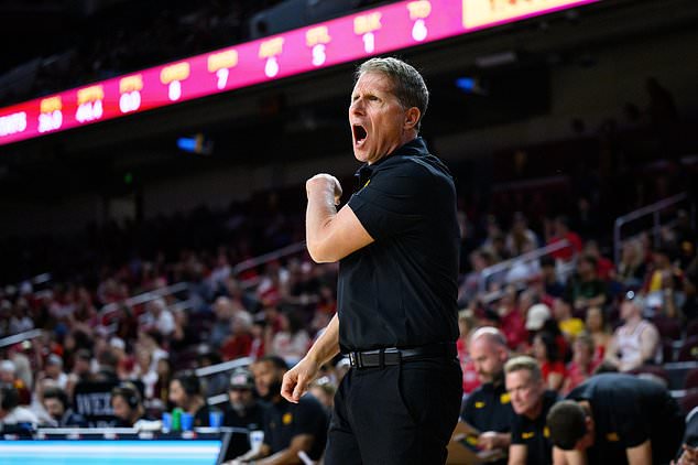 FILE - Southern California head coach Eric Musselman reacts during the first half of an NCAA college basketball game against Nebraska, Feb. 28, 2026, in Los Angeles. (AP Photo/William Liang, File)
