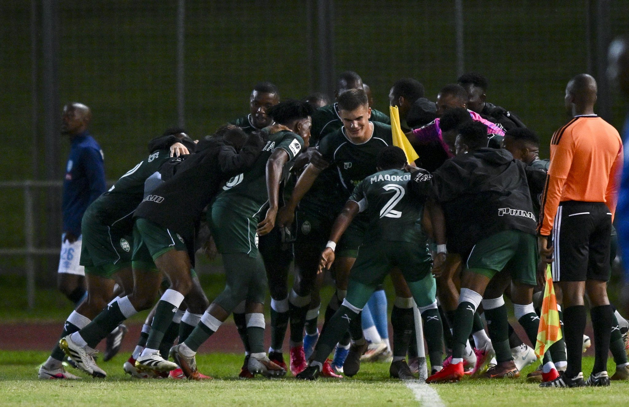 AmaZulu celebrates when Athini Maqokolo of AmaZulu FC scores in extra time in the first half during the Betway Premiership 2026/27 match between Durban City and AmaZulu at Chatsworth Stadium, Durban on 13 October 2026 © Gerhard Duraan/BackpagePix