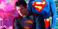 David Corenswet as Superman and Christopher Reeve's Superman suit