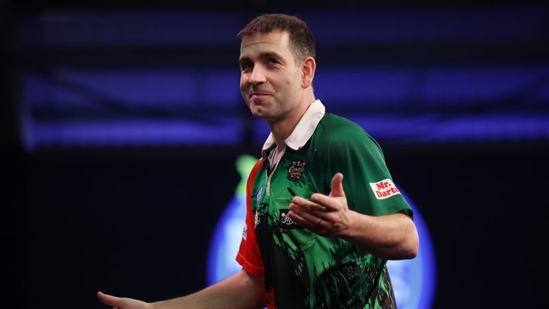 William O’Connor reacts against Ryan Searle during the round one match on day two of the Boyle Sports World Grand Prix at Mattioli Arena on September 29, 2026 in Leicester, England.