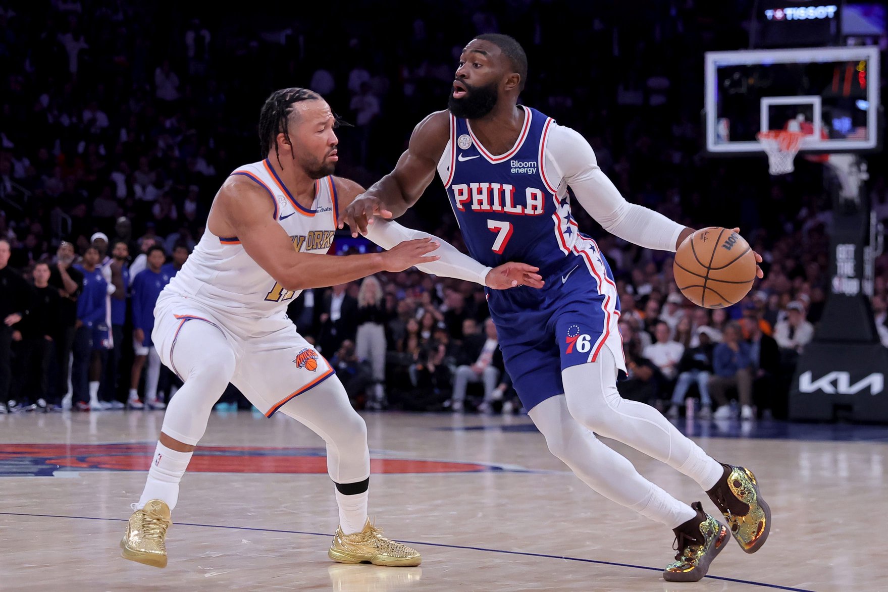 Oct 20, 2026; New York, New York, USA; Philadelphia 76ers guard Jaylen Brown (7) controls the ball against New York Knicks guard Jalen Brunson (11) during the fourth quarter at Madison Square Garden. Mandatory Credit: Brad Penner-Imagn Images