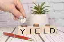 A person stacking coins on wooden blocks that read "YIELD."
